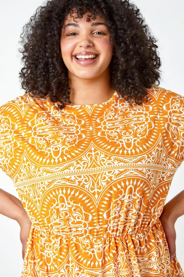 Women Orange Curve Aztec Print Stretch Top Roman Tops