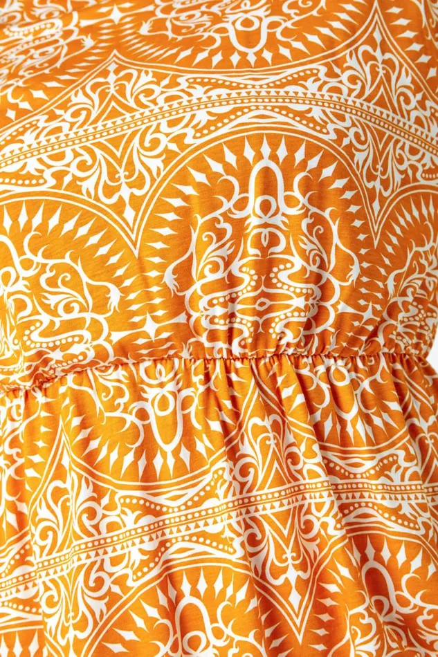 Women Orange Curve Aztec Print Stretch Top Roman Tops