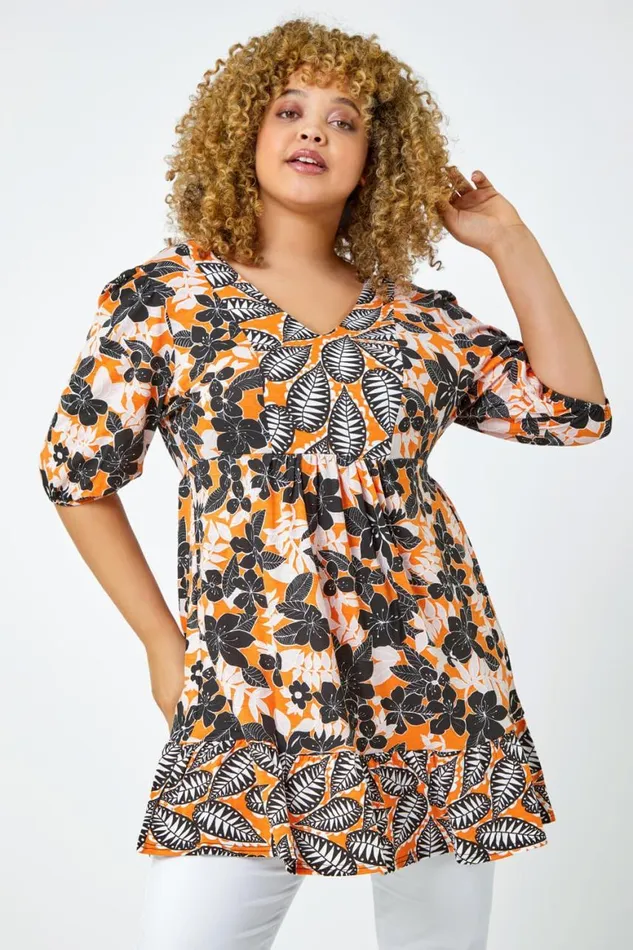 Women Orange Curve Leaf Print Tunic Top Roman Tops