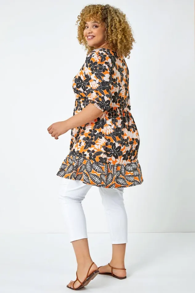 Women Orange Curve Leaf Print Tunic Top Roman Tops