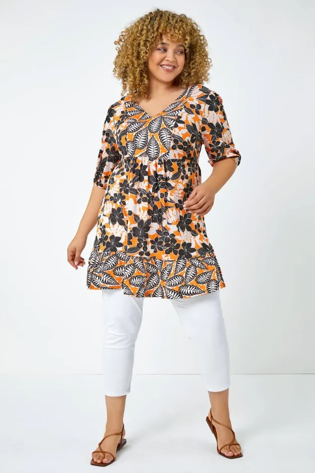 Women Orange Curve Leaf Print Tunic Top Roman Tops