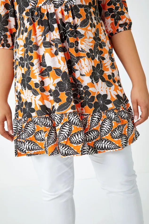 Women Orange Curve Leaf Print Tunic Top Roman Tops