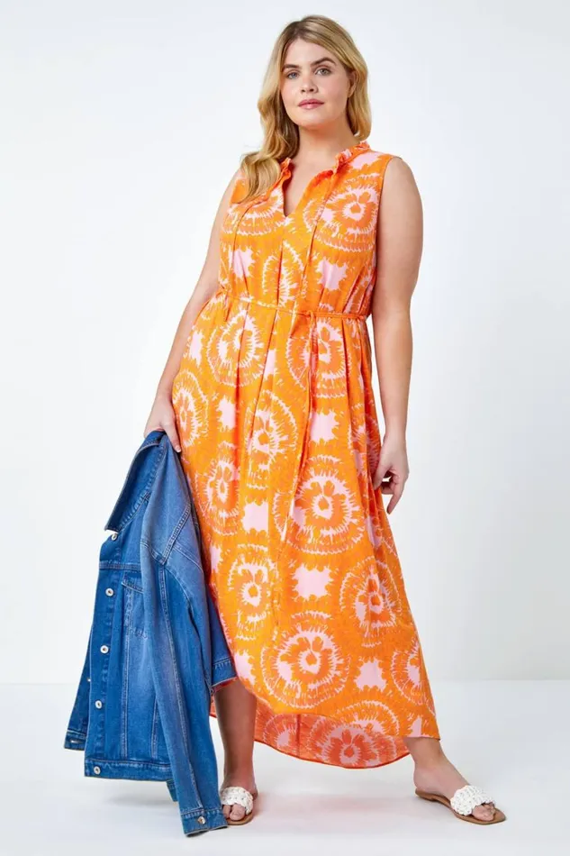 Women Orange Curve Tie Dye Print Tie Neck Midi Dress Roman Dresses