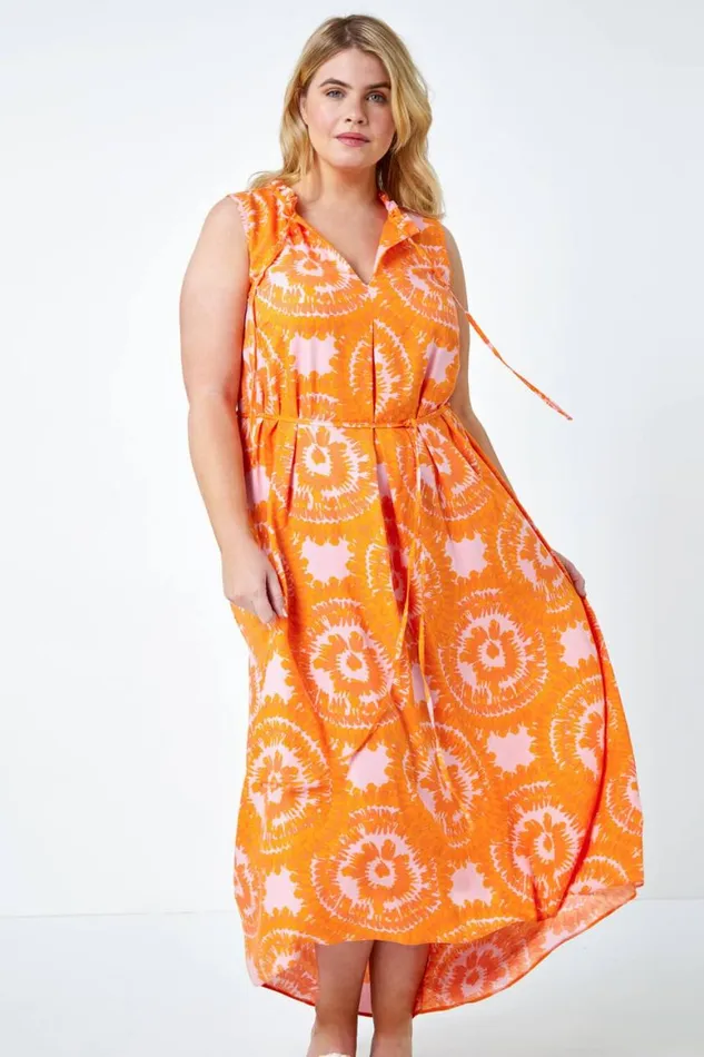 Women Orange Curve Tie Dye Print Tie Neck Midi Dress Roman Dresses