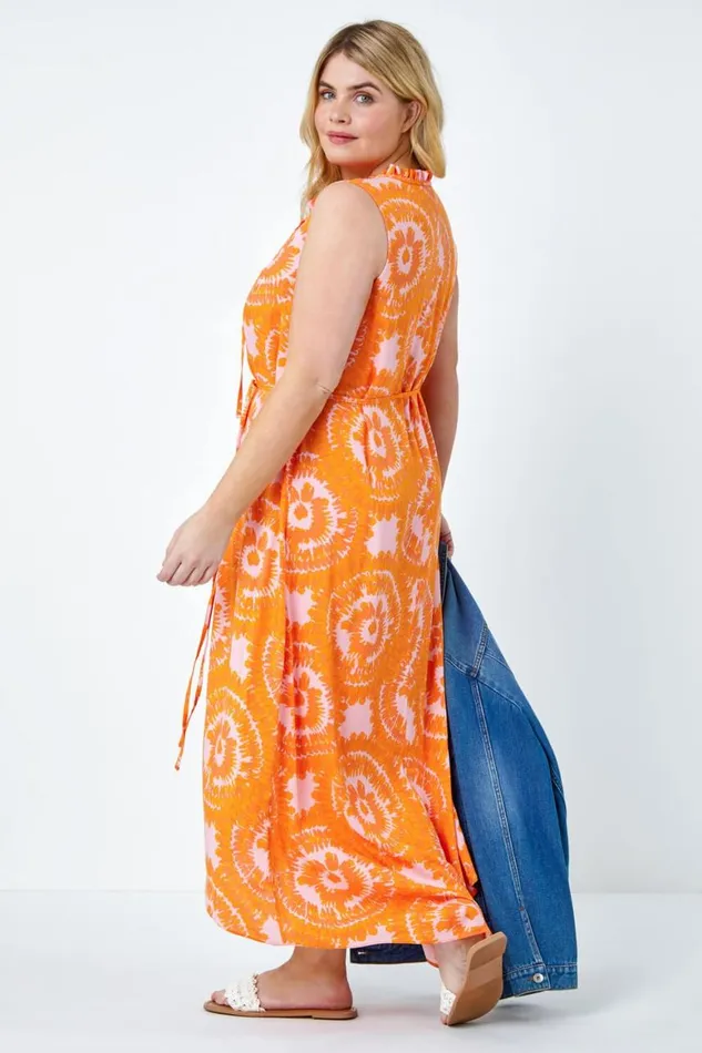 Women Orange Curve Tie Dye Print Tie Neck Midi Dress Roman Dresses