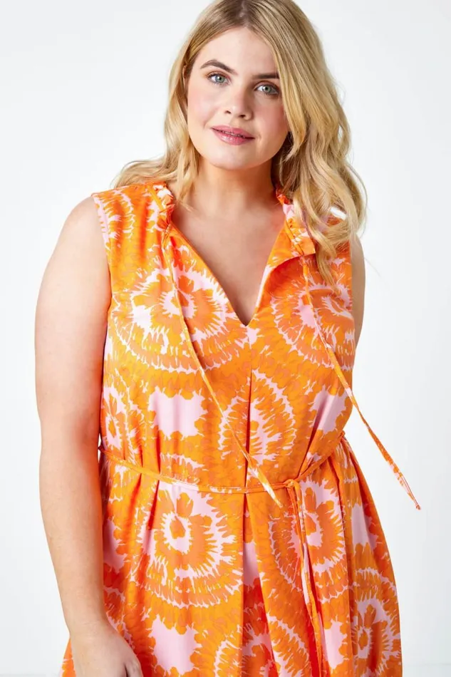 Women Orange Curve Tie Dye Print Tie Neck Midi Dress Roman Dresses