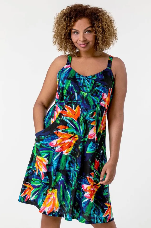 Women Orange Curve Tropical Print Strappy Dress Roman Dresses