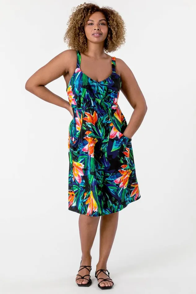 Women Orange Curve Tropical Print Strappy Dress Roman Dresses