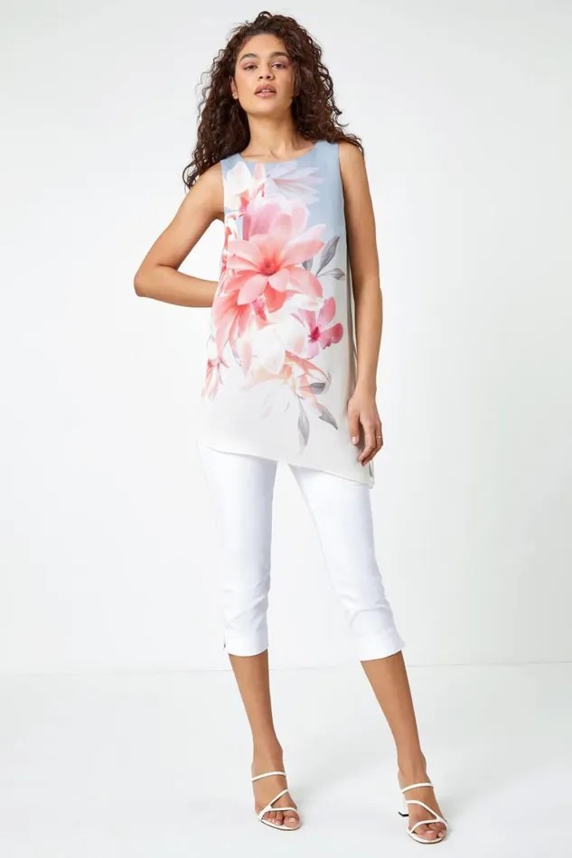 Women Orange Floral Print Asymmetric Top Roman Tops