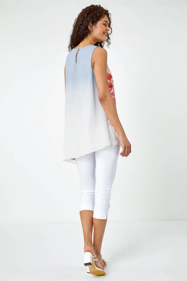 Women Orange Floral Print Asymmetric Top Roman Tops