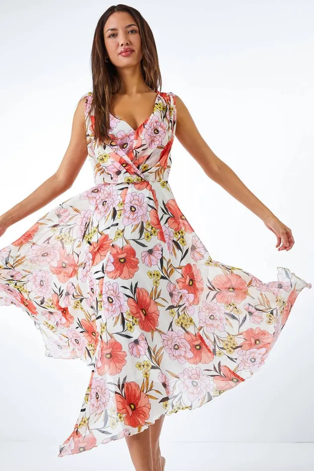 Women Orange Floral Print Chiffon Hanky Hem Dress Roman Dresses