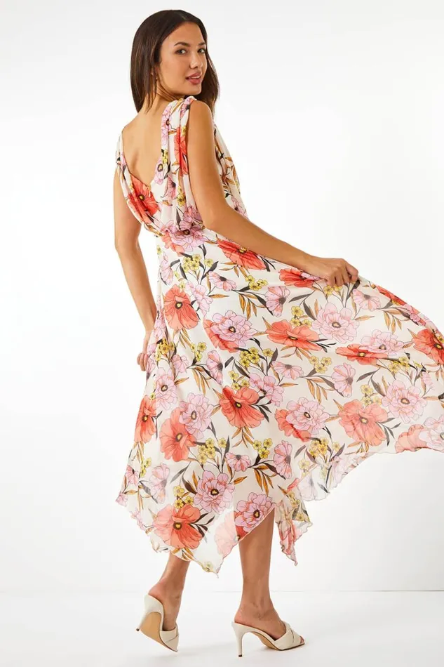 Women Orange Floral Print Chiffon Hanky Hem Dress Roman Dresses