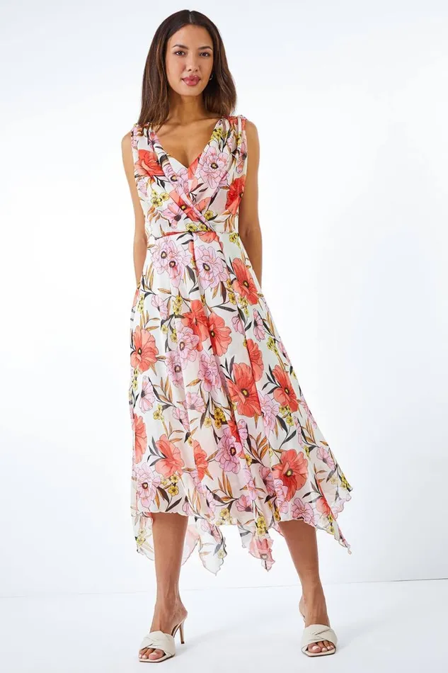 Women Orange Floral Print Chiffon Hanky Hem Dress Roman Dresses