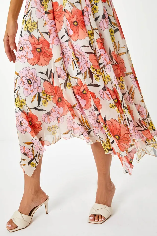 Women Orange Floral Print Chiffon Hanky Hem Dress Roman Dresses