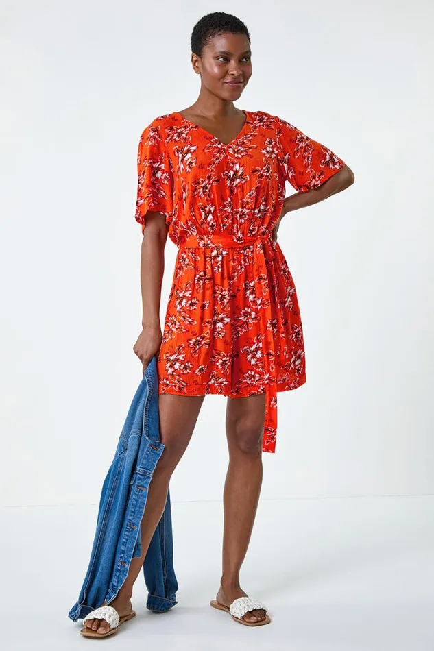 Women Orange Floral Print Pocket Detail Belted Playsuit Roman Dresses