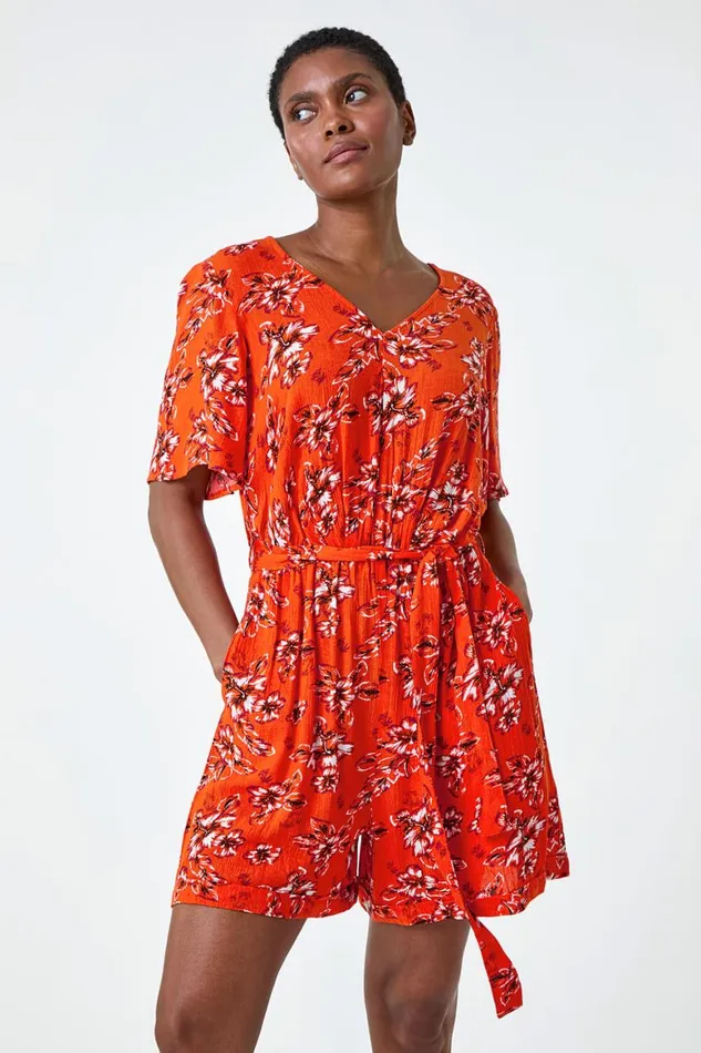 Women Orange Floral Print Pocket Detail Belted Playsuit Roman Dresses