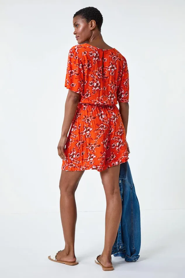 Women Orange Floral Print Pocket Detail Belted Playsuit Roman Dresses