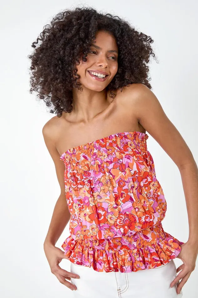 Women Orange Floral Print Stretch Bandeau Top Roman Tops