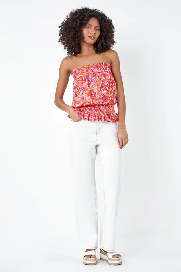 Women Orange Floral Print Stretch Bandeau Top Roman Tops