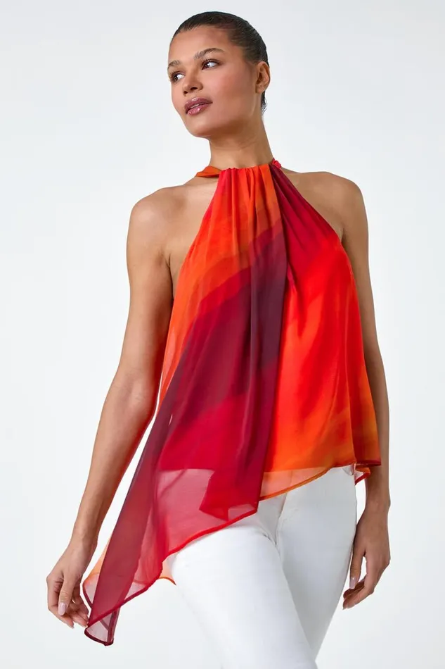 Women Orange Halterneck Ombre Print Asymmetric Chiffon Top Roman Tops