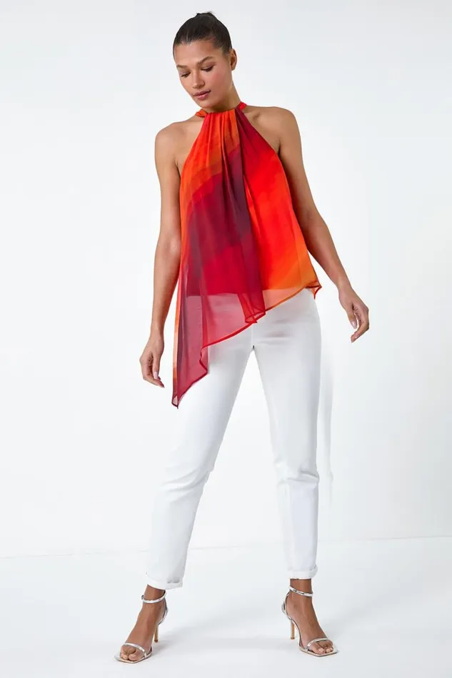 Women Orange Halterneck Ombre Print Asymmetric Chiffon Top Roman Tops