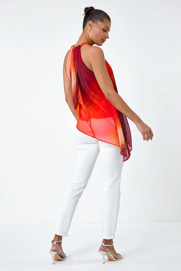 Women Orange Halterneck Ombre Print Asymmetric Chiffon Top Roman Tops
