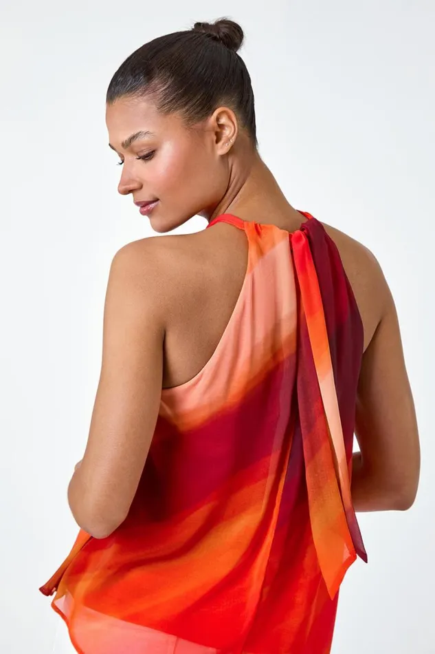 Women Orange Halterneck Ombre Print Asymmetric Chiffon Top Roman Tops