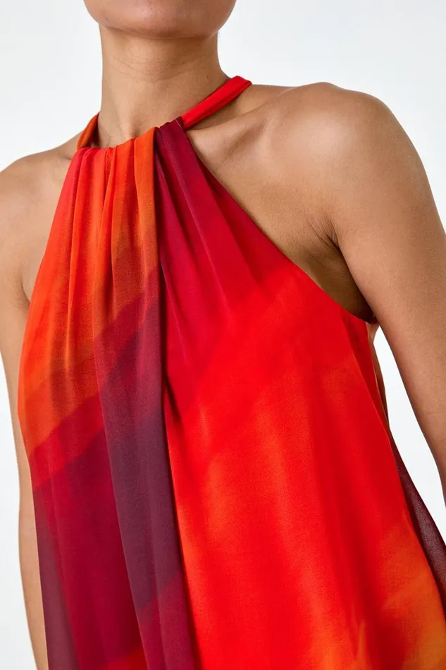 Women Orange Halterneck Ombre Print Asymmetric Chiffon Top Roman Tops
