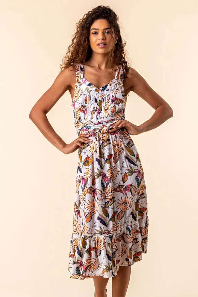 Women Orange Leaf Print Midi Length Sun Dress Roman Dresses