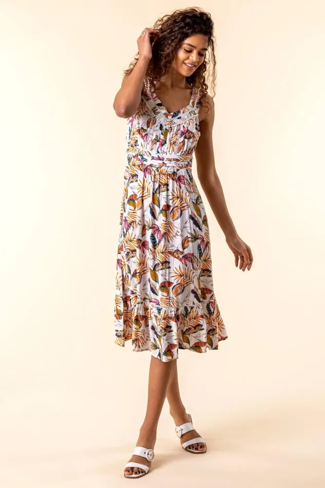 Women Orange Leaf Print Midi Length Sun Dress Roman Dresses