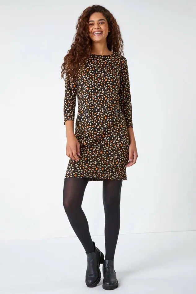 Women Orange Leaf Print Zip Pocket Shift Dress Roman Dresses