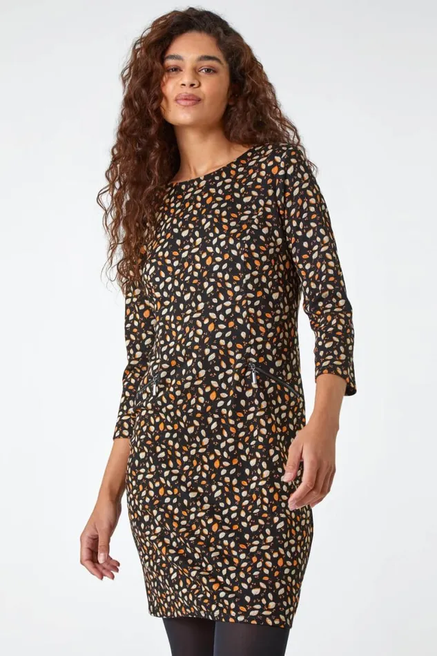 Women Orange Leaf Print Zip Pocket Shift Dress Roman Dresses