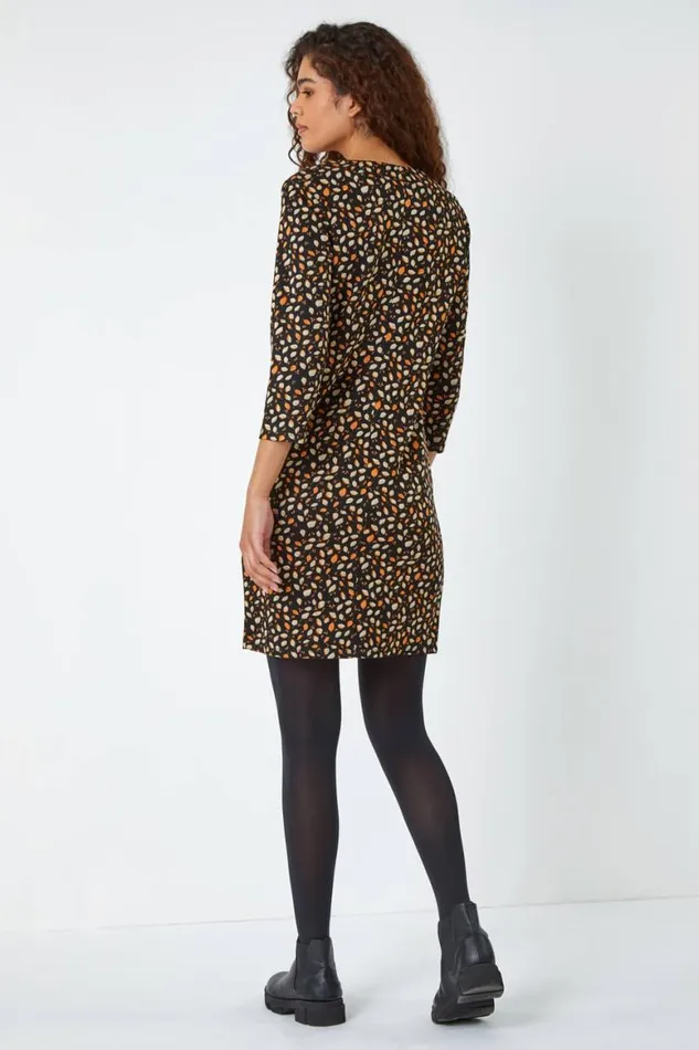 Women Orange Leaf Print Zip Pocket Shift Dress Roman Dresses