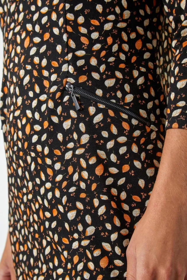 Women Orange Leaf Print Zip Pocket Shift Dress Roman Dresses