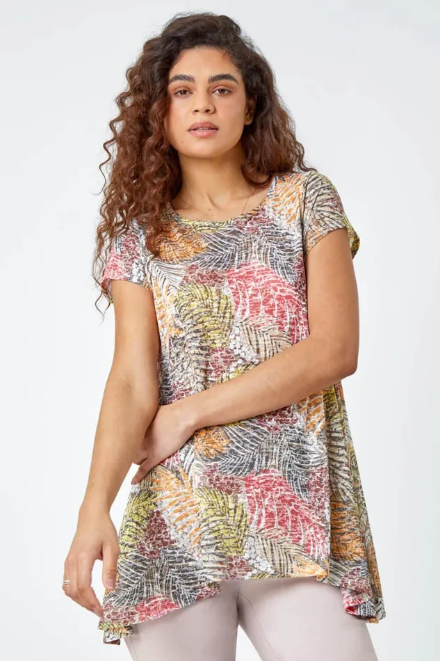 Women Orange Leaf Stretch Hanky Hem Tunic Top Roman Tops