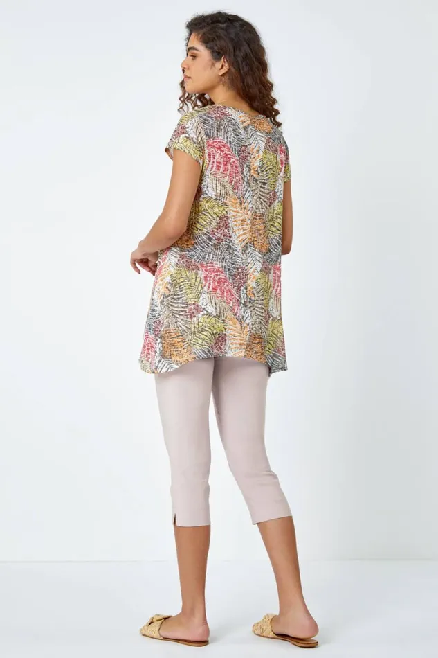 Women Orange Leaf Stretch Hanky Hem Tunic Top Roman Tops