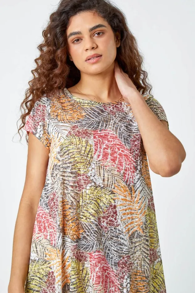 Women Orange Leaf Stretch Hanky Hem Tunic Top Roman Tops