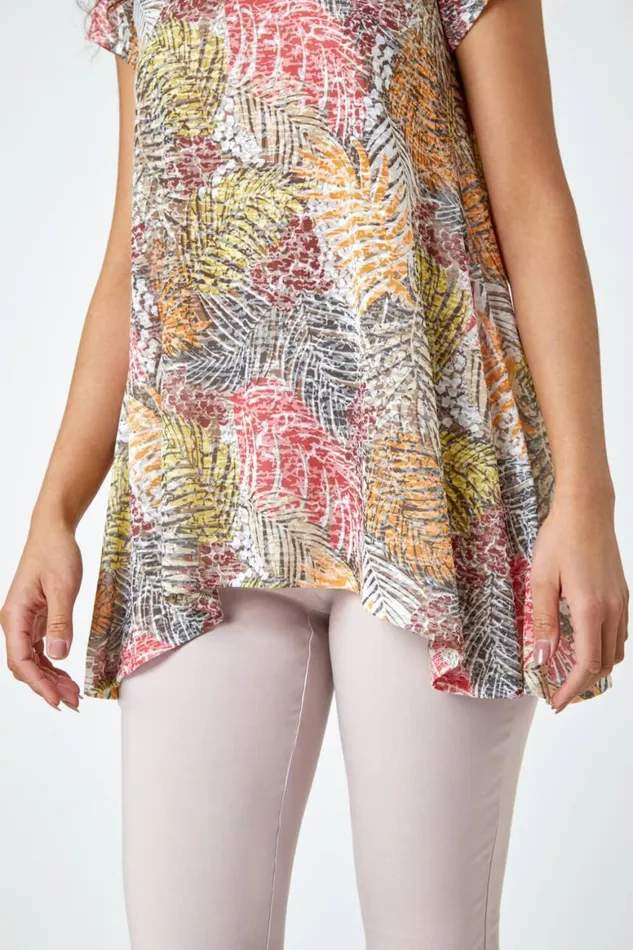 Women Orange Leaf Stretch Hanky Hem Tunic Top Roman Tops