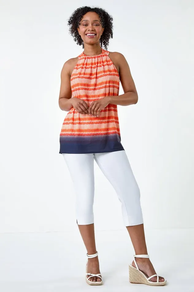 Women Orange Petite Ombre Print Tie Halterneck Top Roman Tops