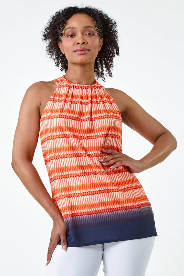 Women Orange Petite Ombre Print Tie Halterneck Top Roman Tops