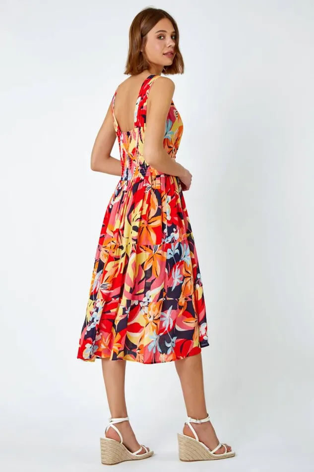 Women Orange Tropical Shirred Stretch Midi Dress Roman Dresses