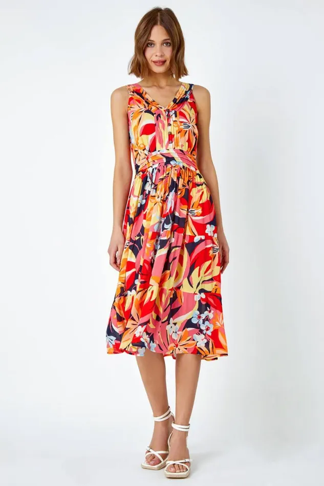 Women Orange Tropical Shirred Stretch Midi Dress Roman Dresses