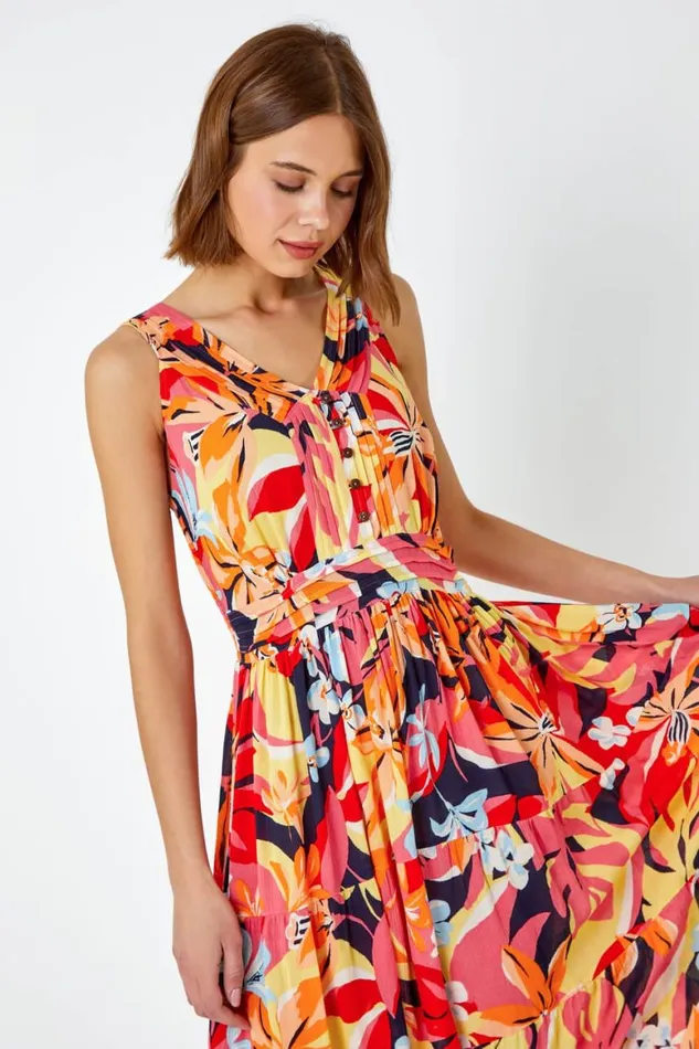Women Orange Tropical Shirred Stretch Midi Dress Roman Dresses
