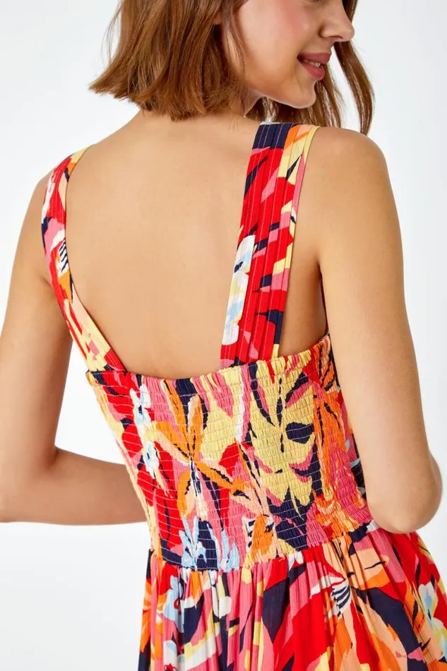 Women Orange Tropical Shirred Stretch Midi Dress Roman Dresses