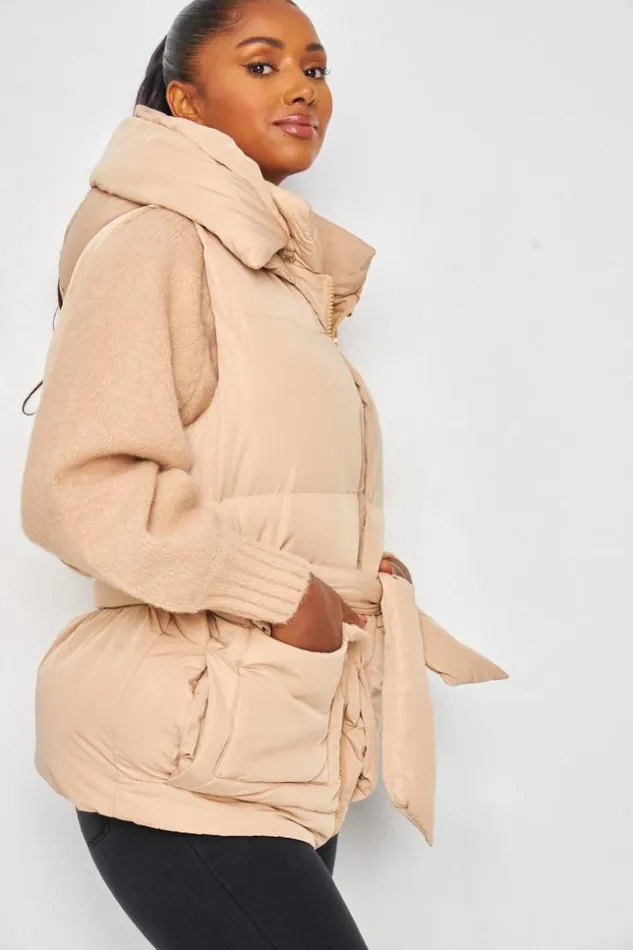 Women Padded Belted Gilet Jacket In Beige Beige Brentiny Paris Parkas And Down Jackets