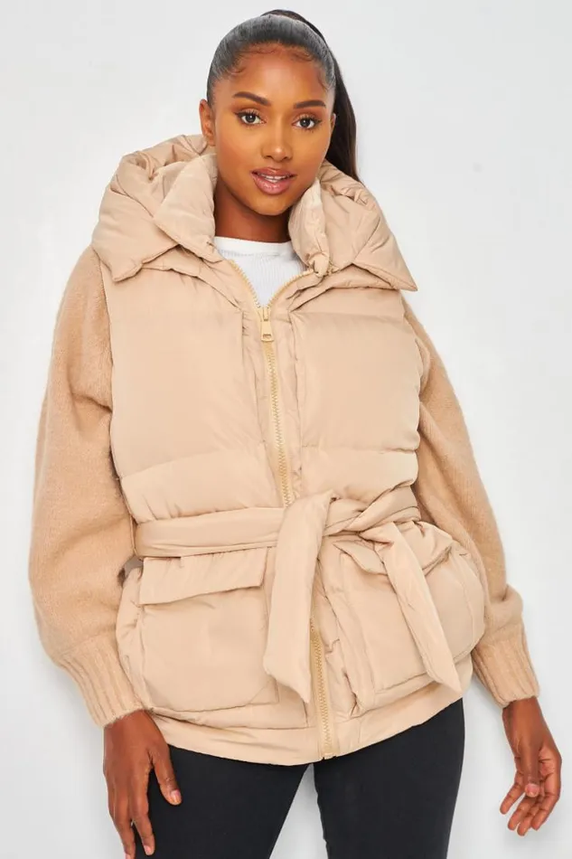 Women Padded Belted Gilet Jacket In Beige Beige Brentiny Paris Parkas And Down Jackets
