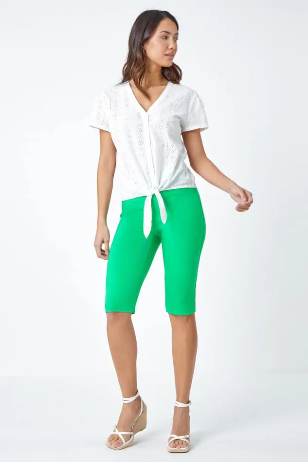 Women Pale Green Elastic Waist Knee Length Stretch Shorts Roman Coords