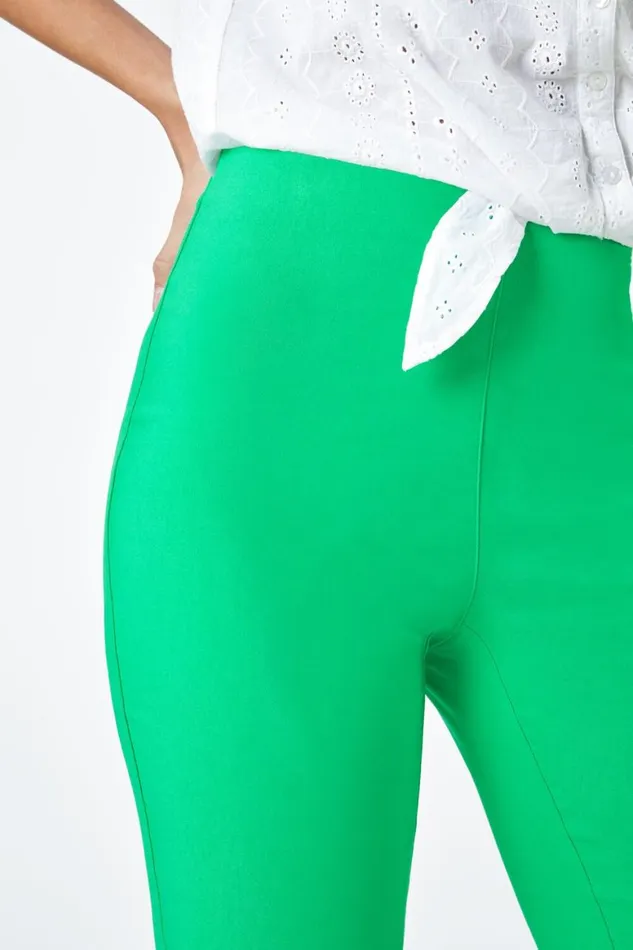 Women Pale Green Elastic Waist Knee Length Stretch Shorts Roman Coords