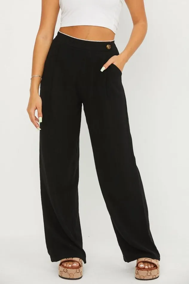 Women Pantalon En Lin Taille Haute Noir Black Brentiny Paris Pants