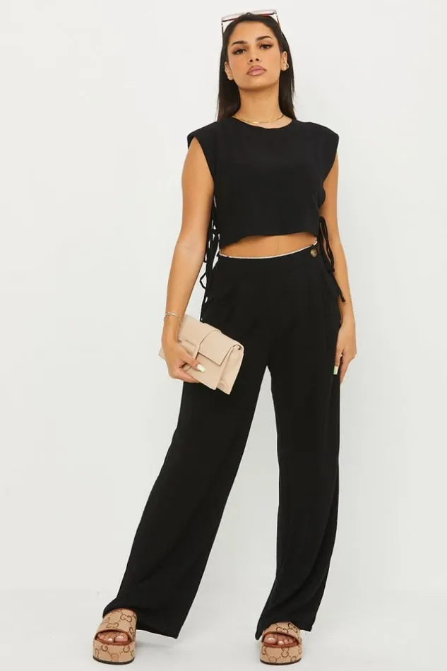 Women Pantalon En Lin Taille Haute Noir Black Brentiny Paris Pants